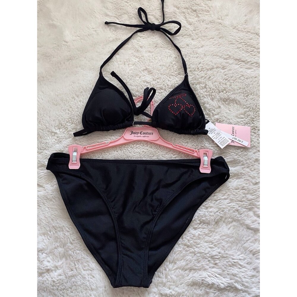 Juicy Couture Double Charm Dangle Triangle Bikini Heart Cherries Black Size‎ M